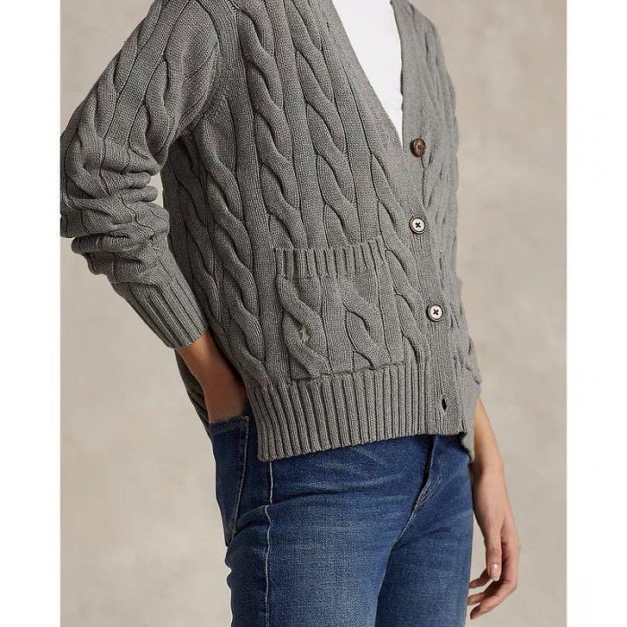 Ralph Lauren 灰色 深藍色 麻花V領口袋純棉針織外套 1198元