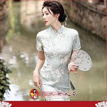 S-3XL加大 印花短袖長旗袍復古中國風經典改良式時尚修身超顯瘦日常連身裙洋裝～古韻傾城。小白花(綠)。水水女人國