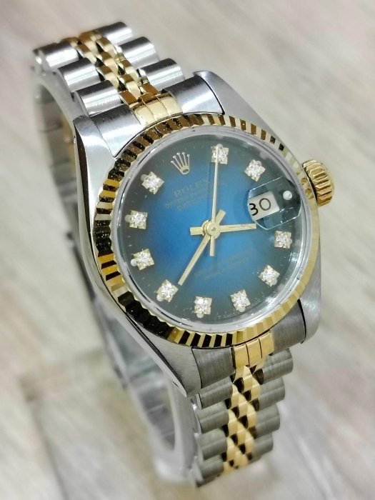 鑫泰典精品 勞力士ROLEX 69173 半金 半紅蟳 女錶 特殊藍色漸層十鑽面盤