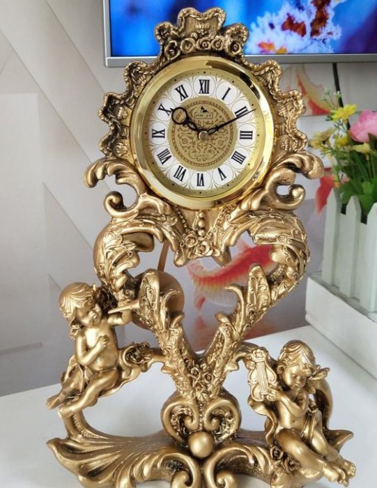 歐式 浪漫復古雕刻天使造型座鐘 金色古典造型鐘藝術小天使鐘桌鐘桌面時鐘擺飾靜音鐘裝飾時鐘家飾