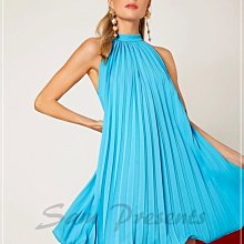 洋裝 超美水藍色後綁帶百褶裙寬鬆無袖 歐美流行時尚女裝連身裙連衣裙小禮服有中大尺碼H4178