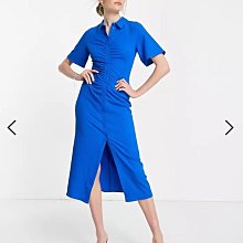 (嫻嫻屋) 英國ASOS-Whistles優雅時尚名媛藍色襯衫領短袖中長裙洋裝 EC23