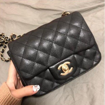 【二手】Chanel 香奈兒方胖子 A35200 mini square 荔枝紋 斜背包 肩背包黑色/金鏈  超讚