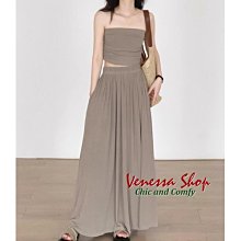 VENESSA~ 新款 時尚性感穿搭套裝 純色褶皺A字長裙+高彈力短款抹胸上衣 (K1526)