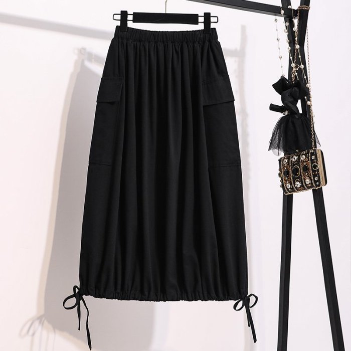 MissBig夏季新款日系軟妹風口袋設計下擺抽繩工裝裙《4223889092》
