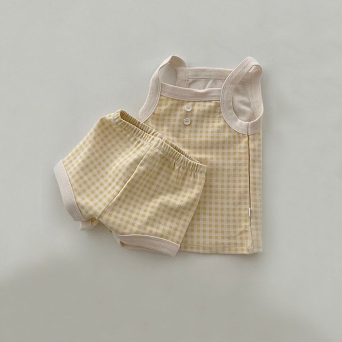 初生夏季衣服女嬰男孩格子吊帶襯衫上衣 + 短褲棉質柔軟套裝  滿599免運
