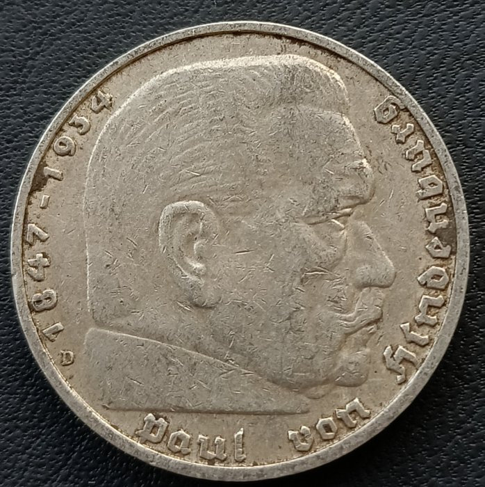 德國   1935年 D(慕尼黑廠)  納粹德國    5馬克    興登堡    銀幣(90%銀)    1851