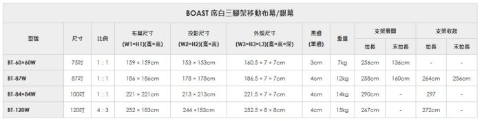 BT-60×60W BOAST 75吋 (1:1)三腳架移動式投影布幕.銀幕/台灣製造 ＊偏遠地區運費需補貼＊