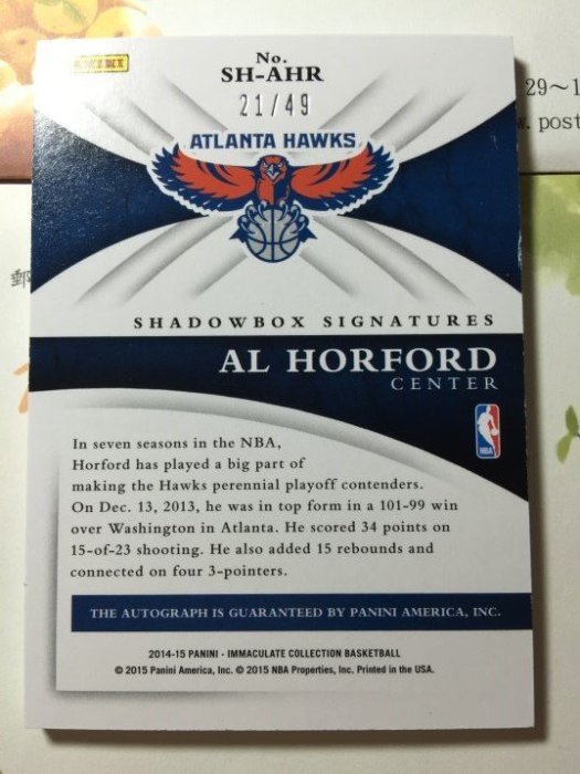 2014-15 Immaculate Al Horford 親筆簽名卡〈限量49張〉