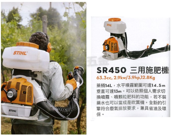 景鴻五金 公司貨 STIHL SR-450 背負式 引擎噴霧機 施肥機 消毒機 可噴農藥 顆粒狀物體 SR450 含稅價