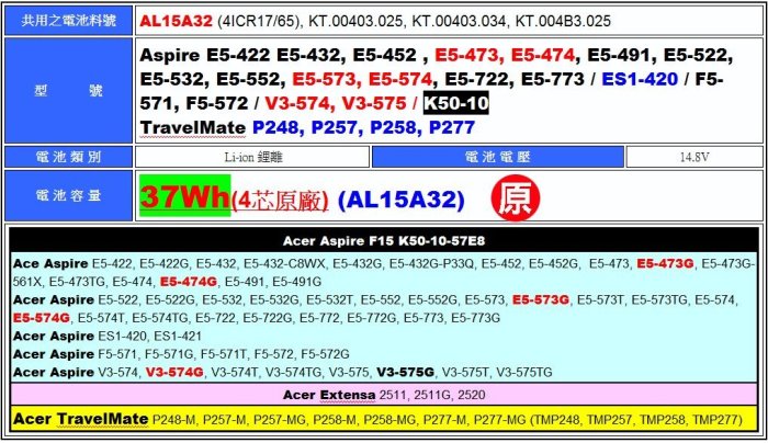 原廠電池 AL15A32 acer E5-422g E5-432g E5-452g E5-472g F15 K50-10