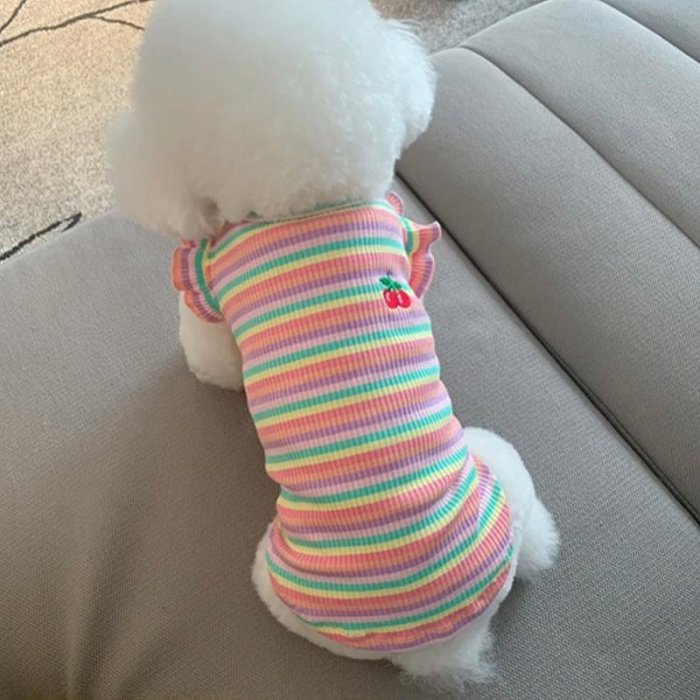 狗狗衣服夏季小飛袖彩虹條紋打底衫薄款泰迪比熊博美貓咪可愛上衣
