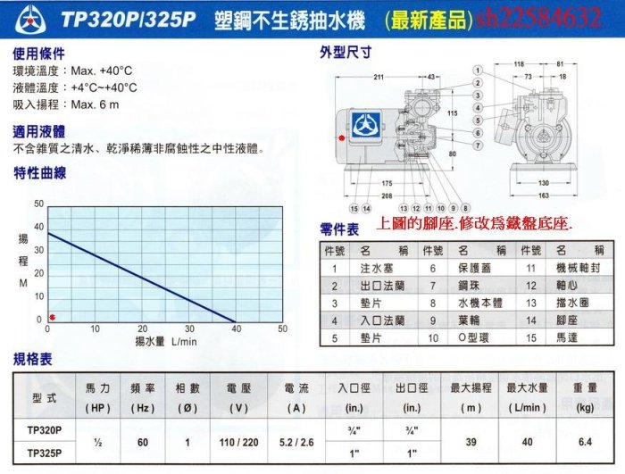 【】＊黃師傅＊【大井泵浦5】 TP320PTB 1/2HP抽水馬達 大井牌抽水馬達 不生銹 tp320p t