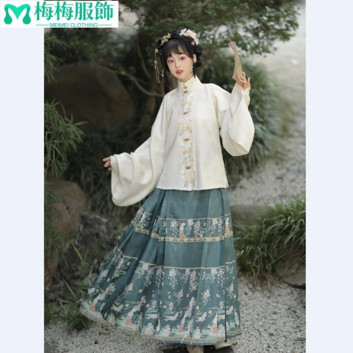 【 優質布料】古著漢服 古代服裝 古著女 中國風女裝 宴花辭原創【仙女兔】漢服女立領對襟短衫琵琶袖馬面裙秋冬款~梅梅服飾