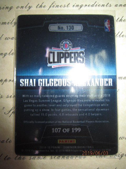 新賣家~18/19~Shai Gilgeous-Alexander/ 199~RC~DOMINION~鐵板~限量/199