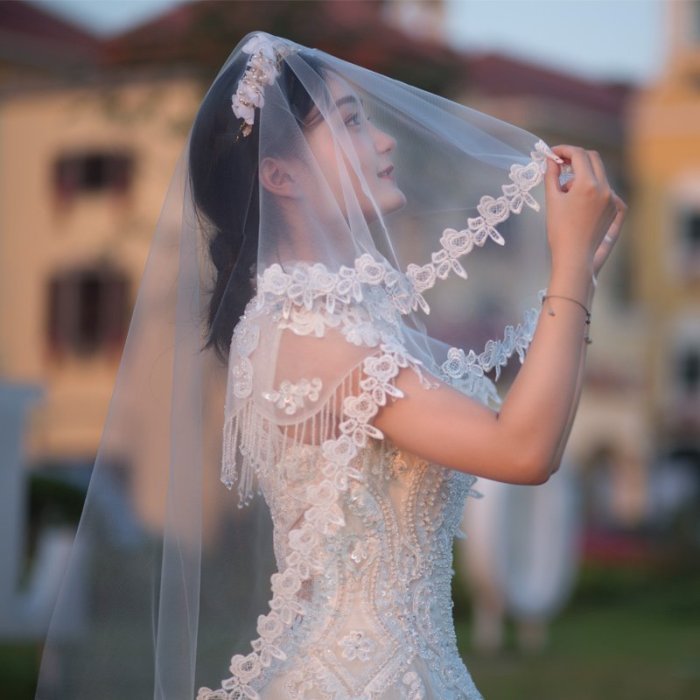 現貨熱銷-頭紗新款新娘韓式頭紗短款蕾絲頭紗婚紗禮服超長頭紗結婚頭紗