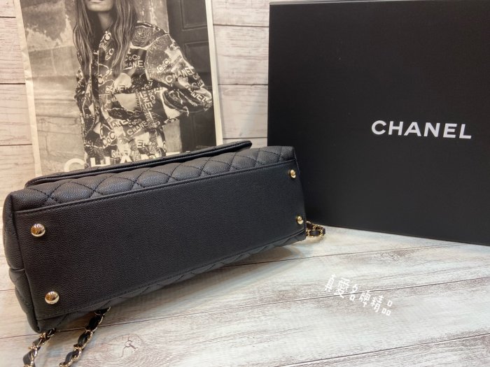 《真愛名牌精品》CHANEL A92991 黑荔枝黑手把 28cm Coco Handle 香檳金鍊帶肩背包*全新*代購