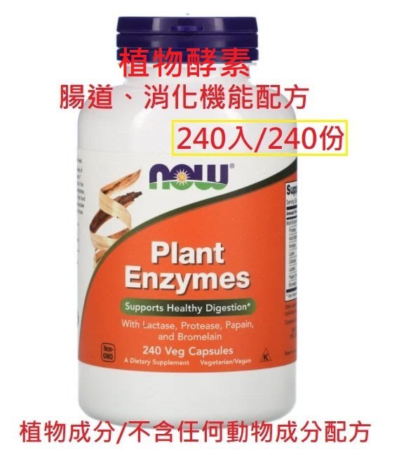 Now Enzymes 植物酵素 植物酶 蛋白酶 分解酵素 腹脹 乳糖酶 木瓜 鳳梨酵素 消化不良 消化酵素 便祕