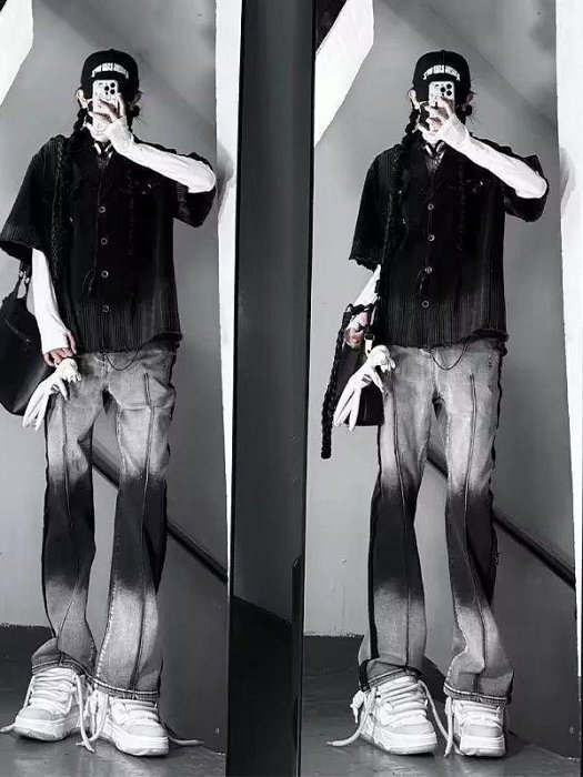 男神閣~美式高街牛仔褲男潮牌設計感扎染做舊小眾褲子重磅vibe休閑拖地褲