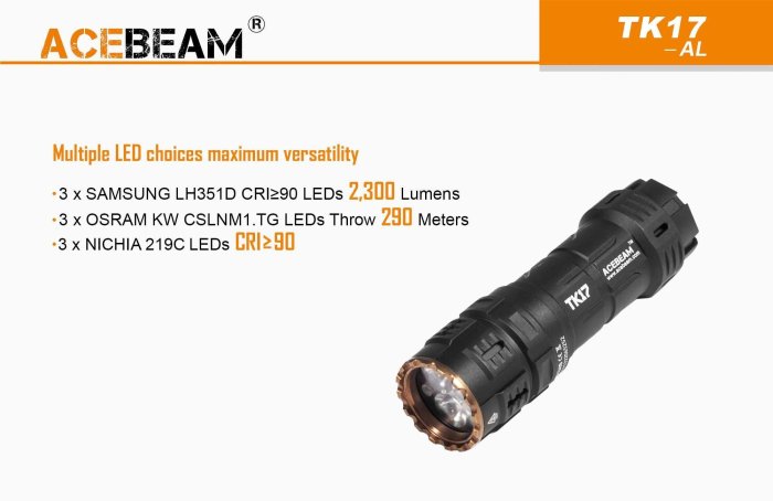 【錸特光電】ACEBEAM TK17 最高2300流明 290米射程 附原廠電池 金屬尾按 /氚管孔 18350 EDC