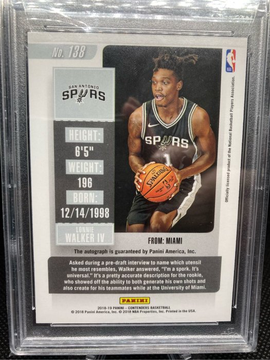 NBA 2018 Lonnie Walker IV Auto #138潛力新人RC簽名鑑定卡PSA 10滿分 卡面簽