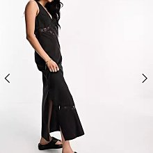 (嫻嫻屋) 英國ASOS-黑色V領無袖蕾絲嵌入透膚腰長裙長洋裝EF23