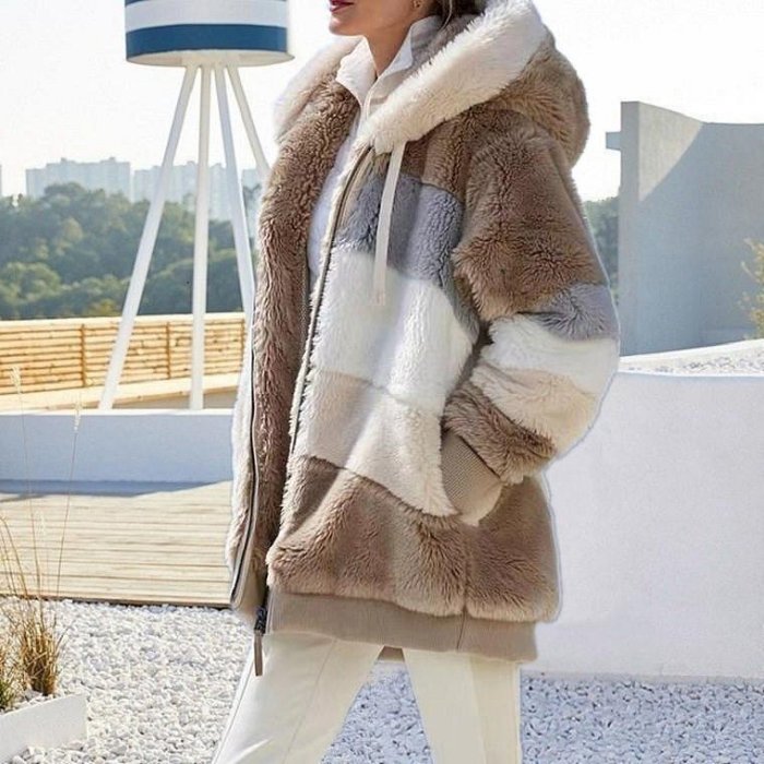 外套女外套跨境亞馬遜爆款歐美2023秋冬保暖毛絨拼佈拉鏈口袋連帽寬鬆外套女