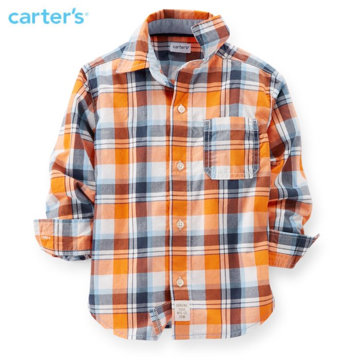 現貨【Baby s closet】全新Carter s美國正品 男童橘色格紋長袖襯衫2T/3T H&M,Gap