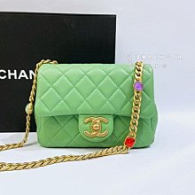 遠麗精品(板橋店)s3989CHANEL 綠色羊皮金釦寶石鏈方胖子