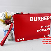 優買二手精品名牌店 BURBERRY 紅 牛皮 白 LOGO 拉鍊包 萬用包 手抓包 收租包 手拿包 麻將包 全新