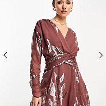 (嫻嫻屋) 英國ASOS-金屬緹花紋交叉V領長袖束腰洋裝禮服EI23