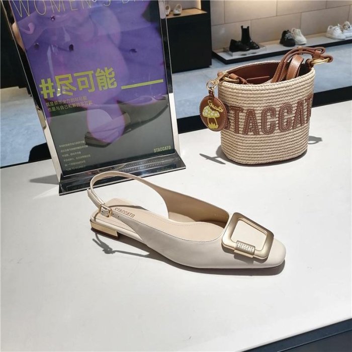 『Fashion❤House』STACCATO2022春新款通勤包頭涼鞋粗跟百搭低跟金屬方扣女鞋EDO05AH2