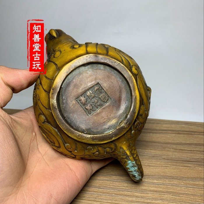 現貨古董收藏仿古玩古董純黃銅手工藝品做舊家用裝飾擺件銅壺龍嘴壺小茶壺