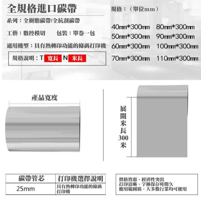 【台灣現貨】全樹脂碳帶/全抗刮碳帶（寬度70mm、長度300米）＃標籤碳帶 條碼機 標籤機 銅版紙