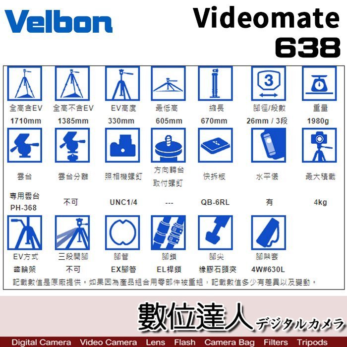 【數位達人】Velbon 金鐘 Videomate 638 錄影用 油壓雲台三腳架 Velbon CX638 公司貨