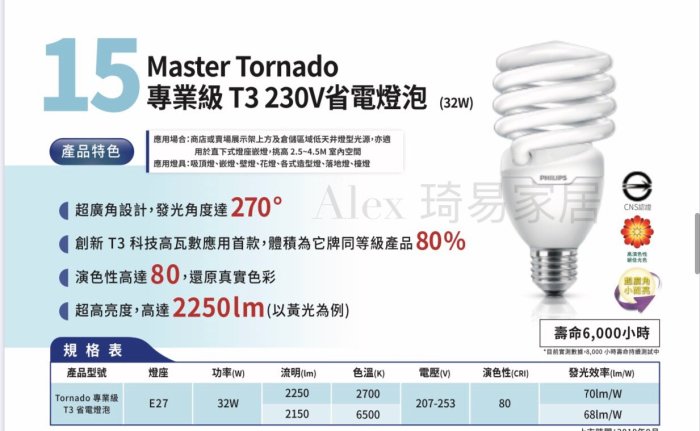 【Alex】【飛利浦經銷商】PHILIPS 飛利浦 Master Tornado 專業級 T3 螺旋燈泡230v 32W