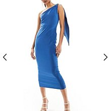 (嫻嫻屋) 英國ASOS-Vesper優雅時尚名媛藍色斜肩單肩領及膝裙洋裝禮服AA24