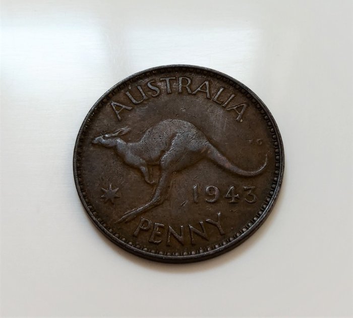 1943 年 Australian 澳洲 George VI 喬治六世 紅袋鼠 國徽 1 Penny 大型 古銅 錢幣