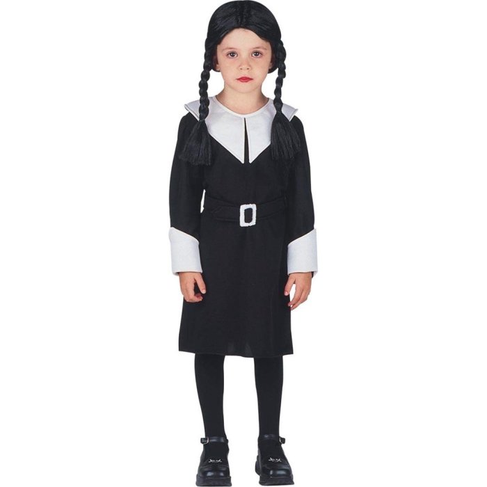 兒童亞當斯一家 星期三cos哥特風格黑色長袖洋裝印花裙 萬聖節變裝派對服裝-麥德好服裝包包
