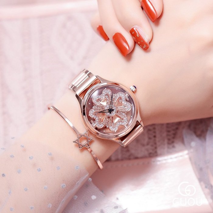 新款手錶女 百搭手錶女香港古歐新款鋼帶心型水鉆女士手錶抖音網紅同款防水手錶石英手錶