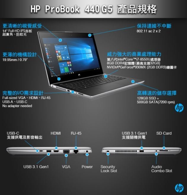 HP Probook 440 G5 筆記型電腦 i7-8550U 128GB SSD + 500GBHD 930MX獨顯
