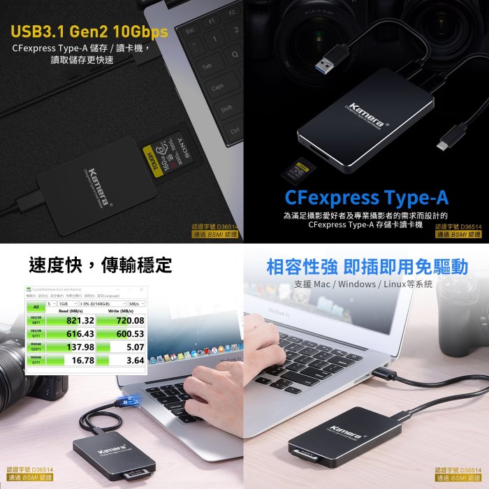 CFexpress Type-A 高速傳輸讀卡機 K1A USB-C接口 雙向傳輸免驅動程式適用手機平板筆電Sony相機