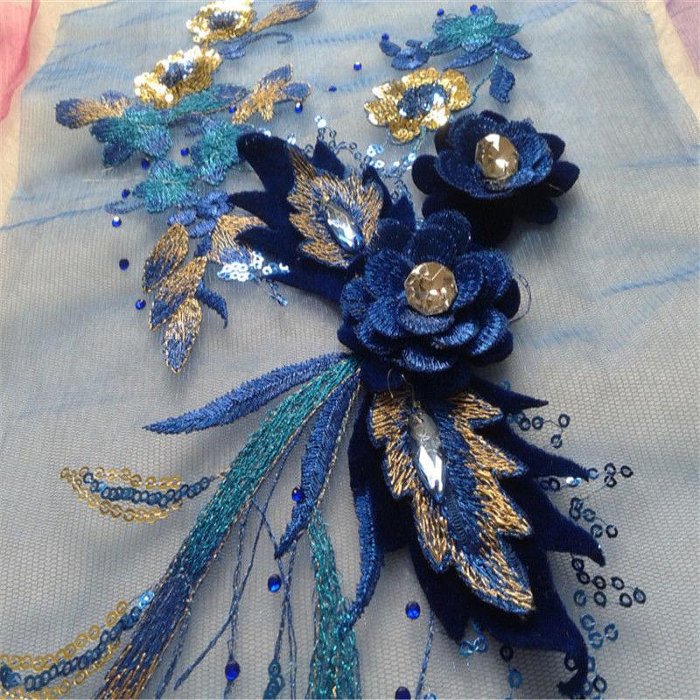 寶藍立體繡花朵布貼42*18厘米鑲鉆網紗補丁衣服花飾輔料手工DIY