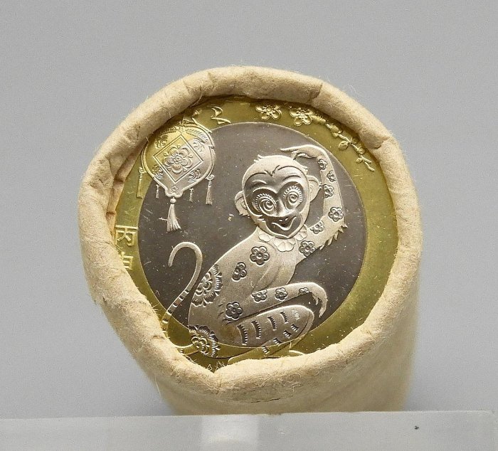 YY053-16【周日結標】2016年 中國 猴年生肖10元紀念幣=1捲(原封捲內40枚/未拆封)