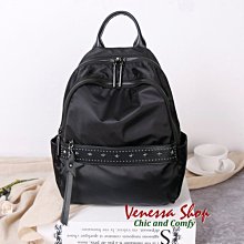 VENESSA~ 新款 網紅潮包 防水尼龍牛津布 鉚釘真皮拼接 百搭實用輕便隔層雙肩包 背包 (K1447)