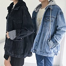 ∵ PRAY FOR FASHION ∴OVERSIZE可裝連帽多口袋落肩寬鬆水洗牛仔夾克可拆式連帽外套