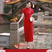 紅色蕾絲短袖長旗袍 復古中國風經典改良式時尚修身超顯瘦日常連身裙洋裝～美麗優雅風。夏日紅花。水水女人國