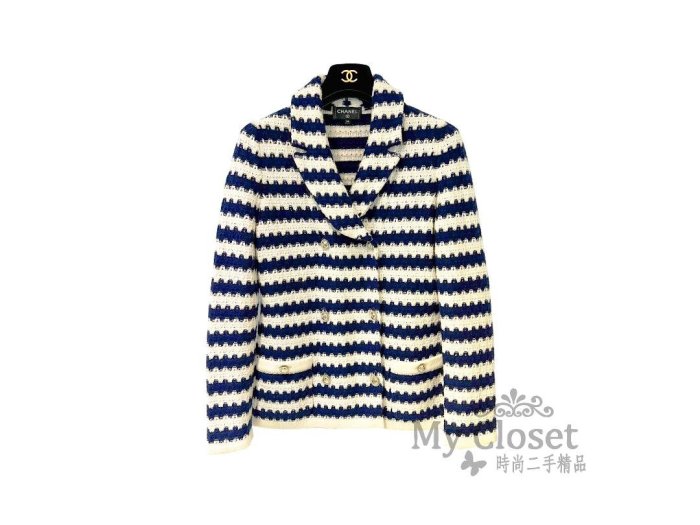 My Closet 二手名牌 CHANEL 2021 藍白橫紋Cashmere 小亮片 雙排雙C釦  雙口袋 針織外套