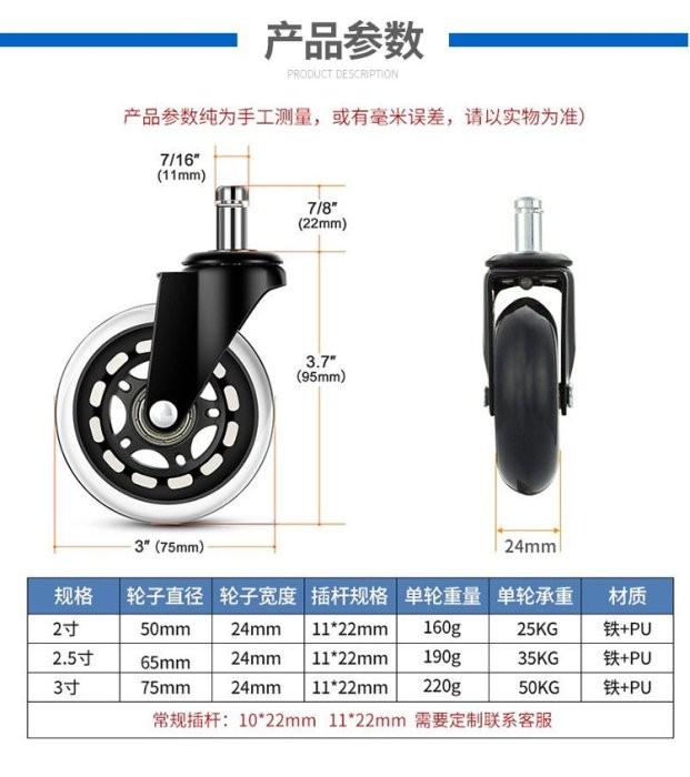 廠家直供透明PU腳輪 辦公椅輪子 3寸插桿靜音班椅滾輪 萬向輪子