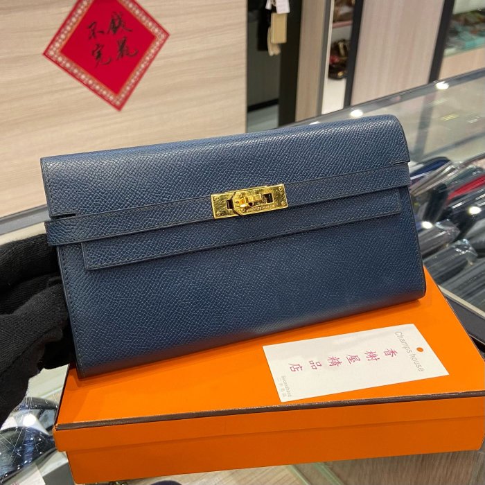 ⭐️香榭屋精品店⭐️ HERMES R刻 愛馬仕 深藍色全皮金釦凱莉長夾 皮夾 Kelly (XB9136)